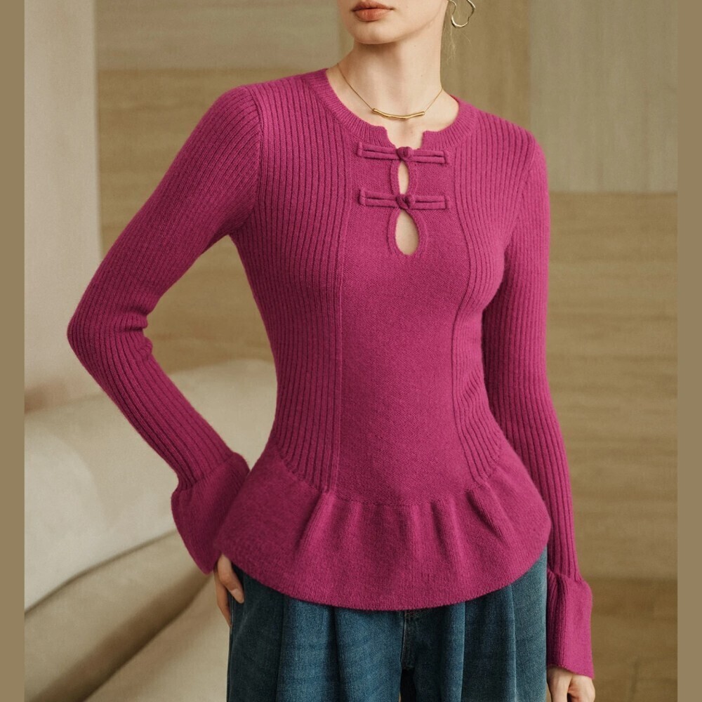 Magenta Ribbed Knit Frog Button Bow Keyhole Peplum Sweater